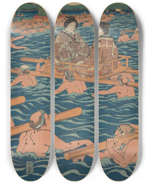 Triptych art skateboard deck of And Hiroshige Fording A Broad River_2 by Ando Hiroshige (1797-1858)
