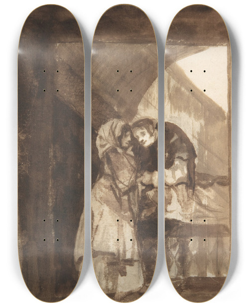 Triptych art skateboard deck of Francisco De Goya A Woman Talking To A Priest In A Covered Archway by Francisco de Goya (1746-1828)