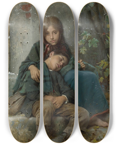 Triptych art skateboard deck of Lonjeanbasile Perrault Out In The Cold by Lon-Jean-Basile Perrault (1832-1908)