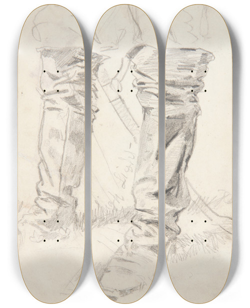 Triptych art skateboard deck of Winslow Homer Study Of Cavalry Officers Boots by Winslow Homer (1836-1910)