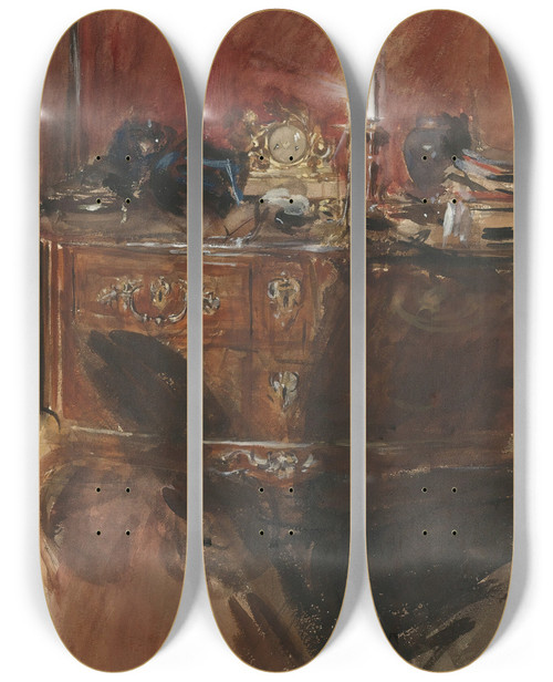 Triptych art skateboard deck of Giovanni Boldini View Of An Interior With A Louis Xv Commode by Giovanni Boldini (1842-1931)