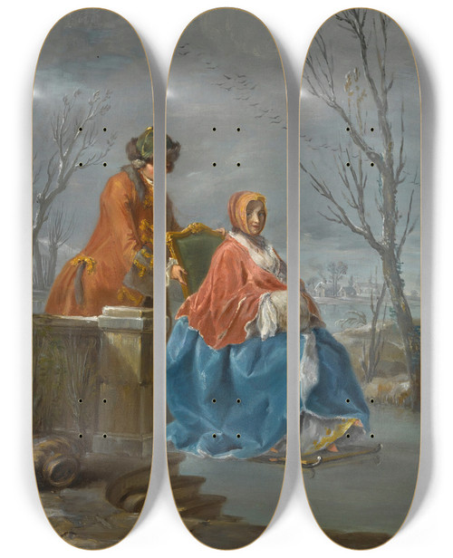 Triptych art skateboard deck of Charlesjoseph Flipart Winter by Charles-Joseph Flipart (1721-1797)