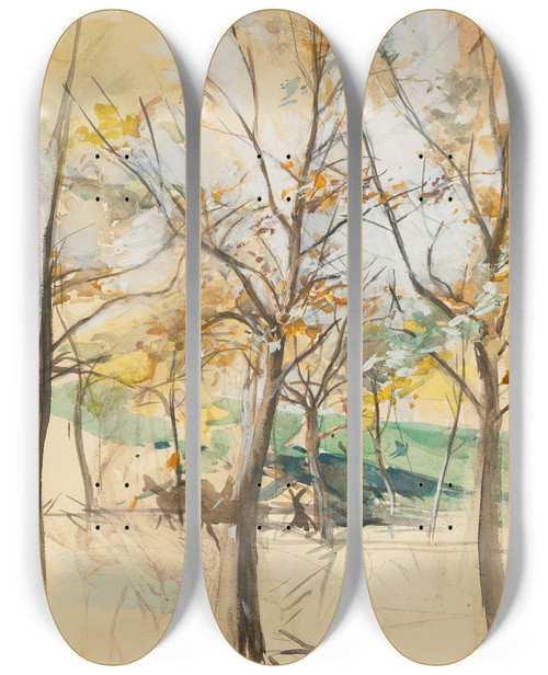 Triptych art skateboard deck of Giovanni Boldini Trees In The Bois De Boulogne by Giovanni Boldini (1842-1931)