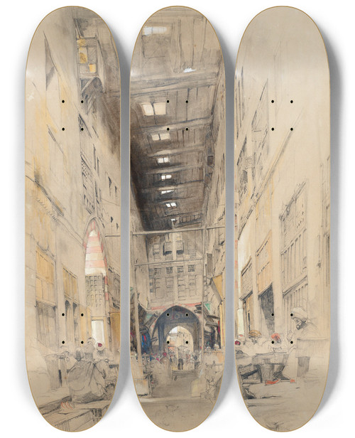 Triptych art skateboard deck of John Frederick Lewis The Bezestein Bazaar El Khan Khalil Cairo_1 by John Frederick Lewis (1805-1876)