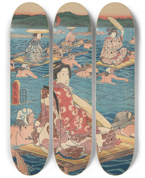 Triptych art skateboard deck of And Hiroshige Fording A Broad River_3 by Ando Hiroshige (1797-1858)