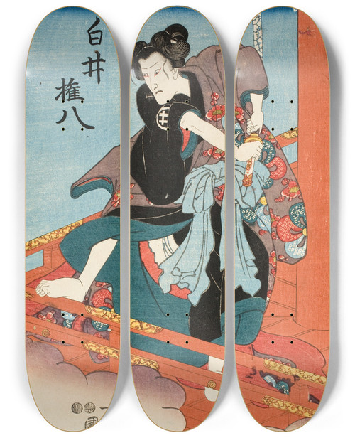 Triptych art skateboard deck of Utagawa Kuniyoshi Iwai Hanshir V In The Role Of Shirai Gonpachi by Utagawa Kuniyoshi (1797-1861)