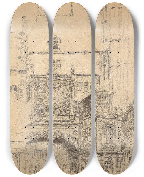 Triptych art skateboard deck of Paul Huet Le Gros Horloge Et La Fontaine Darthuse Rouen by Paul Huet (1803-1869)