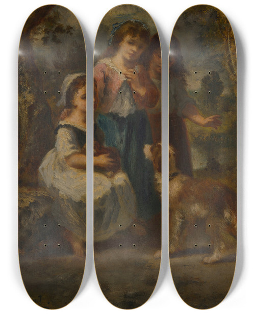 Triptych art skateboard deck of Narcissevirgile Diaz De La Pea Three Little Girls by Narcisse-Virgile Diaz de La Pea (1808-1876)