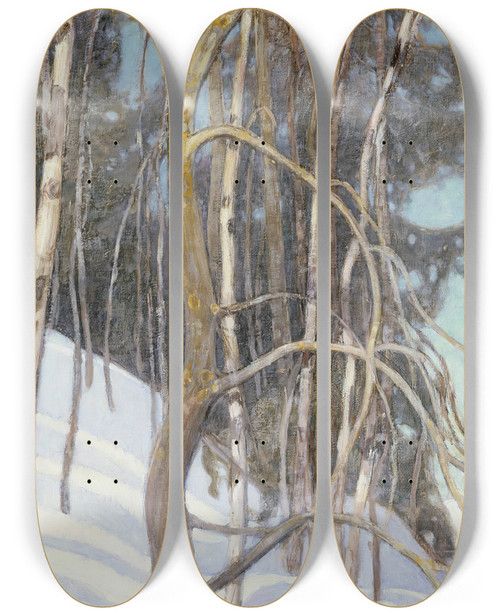 Triptych art skateboard deck of Pekka Halonen Day In March by Pekka Halonen (1865-1933)