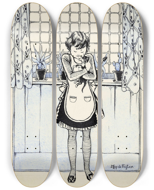 Triptych art skateboard deck of Miep De Feijter Meisje Knuffelt Een Kat by Miep de Feijter (20-)