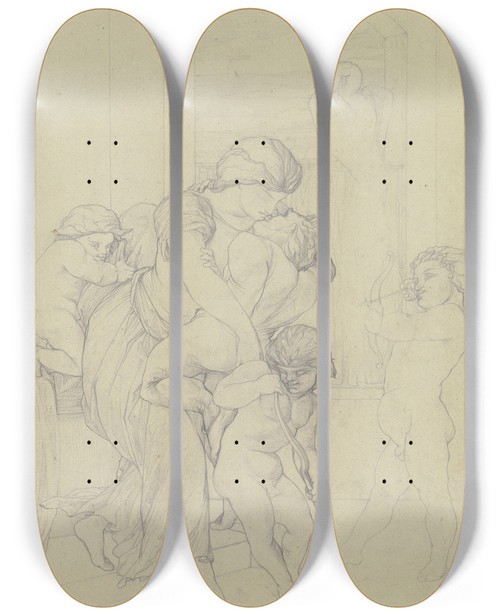 Triptych art skateboard deck of Victor Mller Eine Frau Umgeben Von Drei Putten Hlt Eine Gnomenhafte Mnnliche Gestalt Umschlungen Auf Der Fensterbank Im Hintergrund Ein Schwan Sein Gefieder Ordnend by Victor Muller (1829-1871)