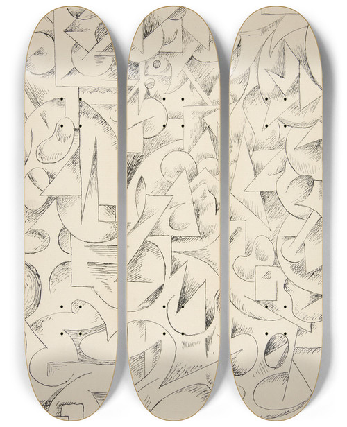 Triptych art skateboard deck of Rudolf Bauer Untitled Abstractforms_1 by Rudolf Bauer (1889-1953)