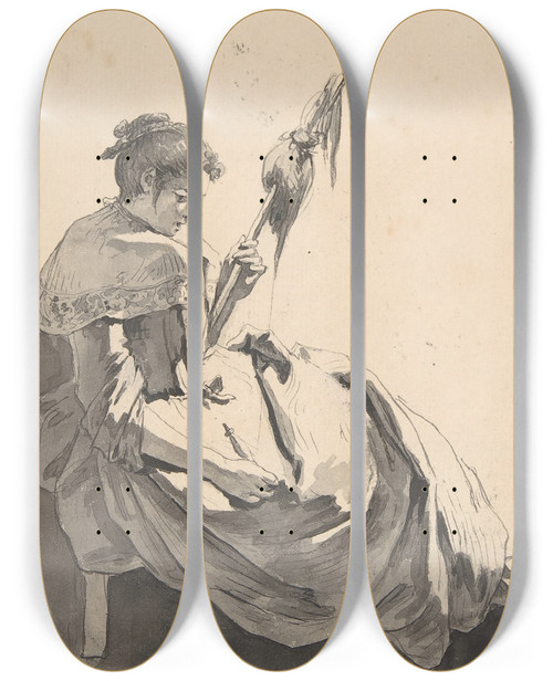 Triptych art skateboard deck of Jeanbaptiste Greuze Bolognese Peasant Girl With A Distaff by Jean-Baptiste Greuze (1725-1805)