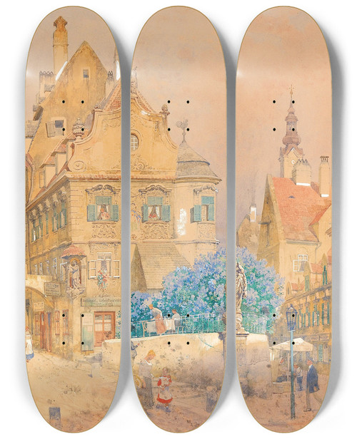 Triptych art skateboard deck of Franz Kopallik A Corner Of A Street With A Lilac Bush And The Statue Of A Madonna by Franz Kopallik (1860-1931)
