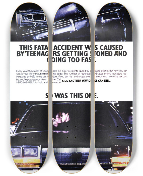 Triptych art skateboard deck of National Institutes Of Health This Fatal Accident Was Caused By Teenagers Getting Stoned And Going Too Fast by National Institutes Of Health (1887)