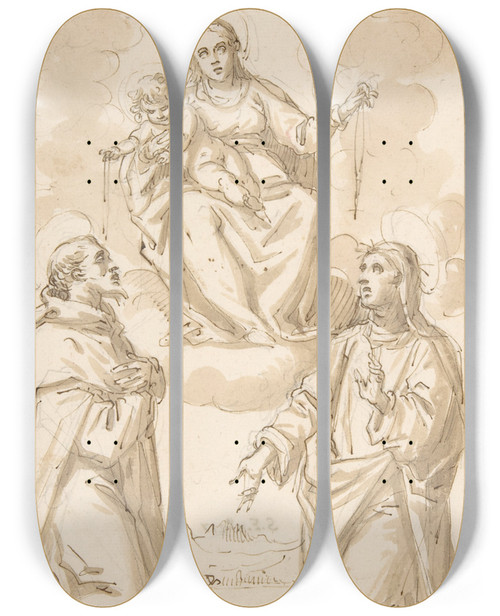 Triptych art skateboard deck of Pietro Mera The Virgin And Child With Chaplets Appearing To Saint Dominic And Saint Catherine Of Siena by Pietro Mera (1570-1639)