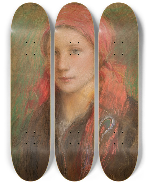 Triptych art skateboard deck of Teodor Axentowicz Portret Wiejskiej Dziewczyny by Teodor Axentowicz (1859-1938)
