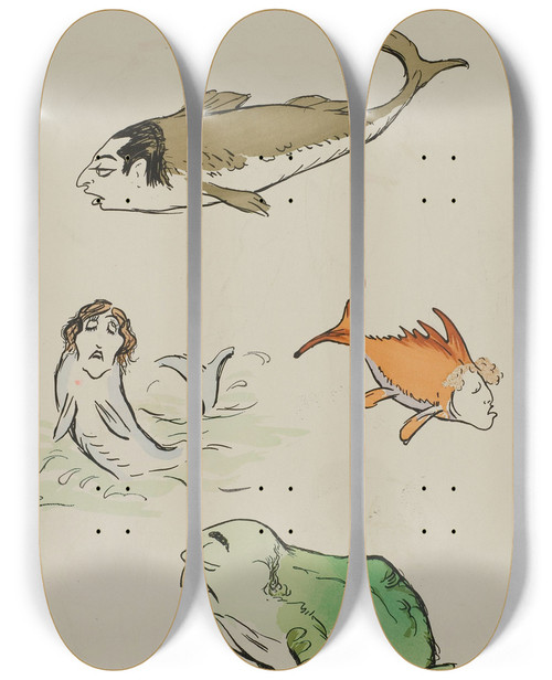Triptych art skateboard deck of Georges Goursat Sem Baron Maurice De Rothschild Henriette Morlange Mme Darcy Pierre Wolf by Georges Goursat (Sem) (1863-1934)