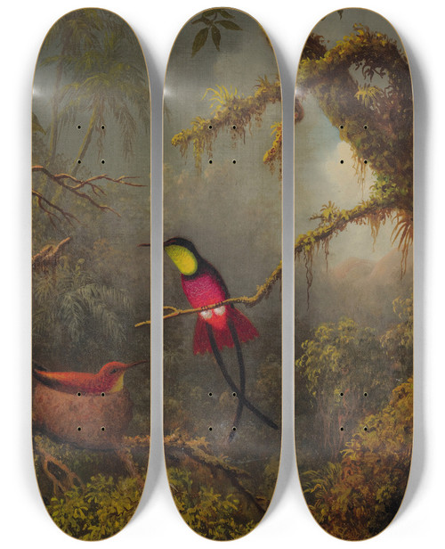 Triptych art skateboard deck of Martin Johnson Heade A Pair Of Nesting Crimson Topaz Hummingbirds by Martin Johnson Heade (1819-1904)
