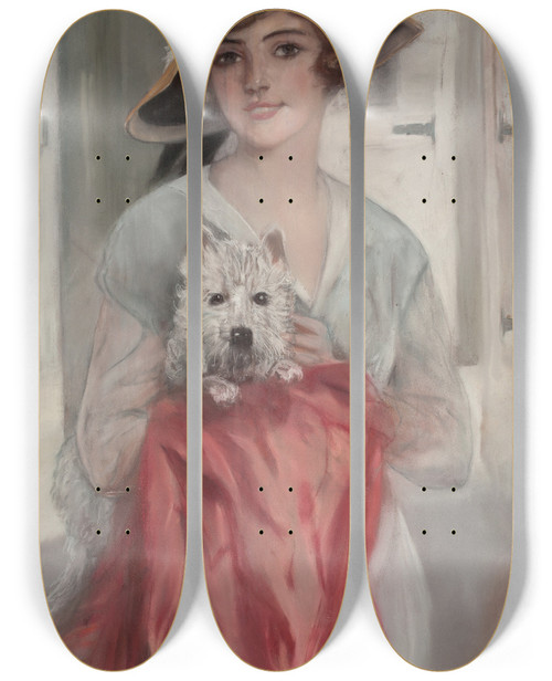 Triptych art skateboard deck of Haskell Coffin Posing With Her Terrier by Haskell Coffin (1878-1941)