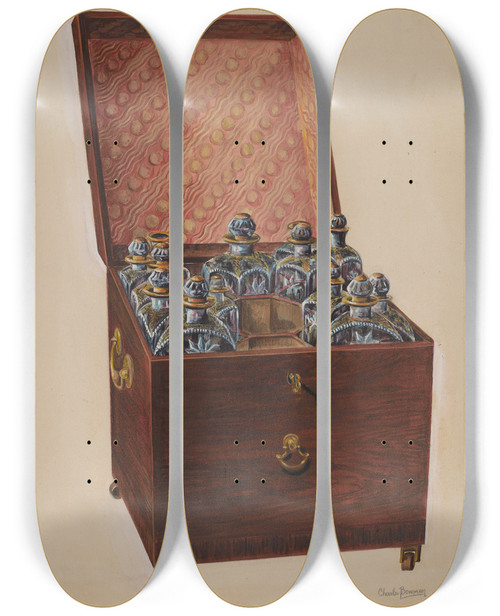 Triptych art skateboard deck of Charles Bowman Wine Chest by Charles Bowman