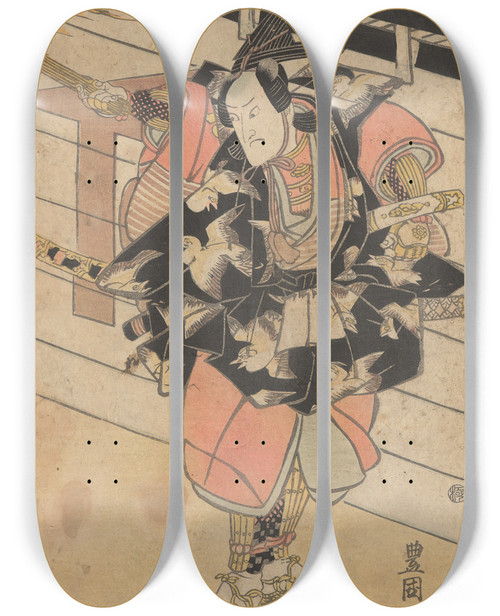 Triptych art skateboard deck of Toyokuni Utagawa Actor Part Of Costume A Design Of Birds On Black by Toyokuni Utagawa (1769-1825)