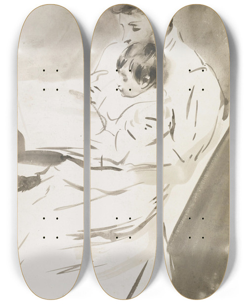 Triptych art skateboard deck of Paul Csar Helleu Madame Helleu Reading With Her Daughter by Paul Cesar Helleu (1859-1927)