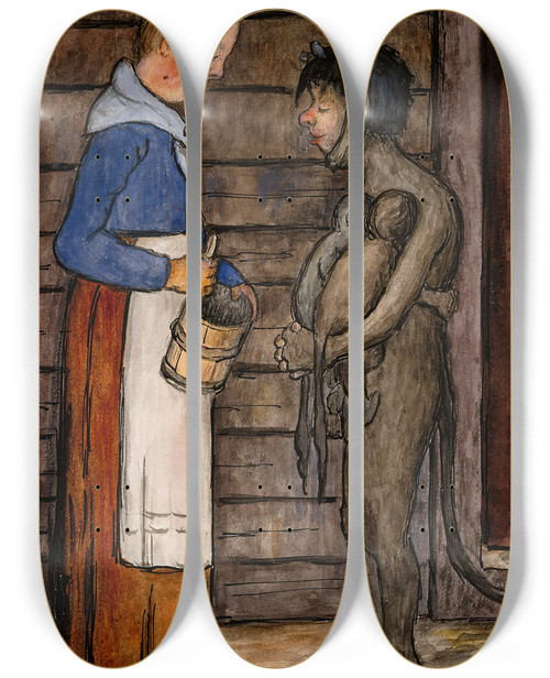 Triptych art skateboard deck of Hugo Simberg The Farmers Wife And Poor Devil by Hugo Simberg (1873-1917)