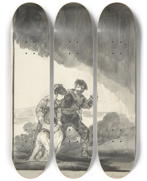 Triptych art skateboard deck of Francisco De Goya God Save Us From Such A Bitter Fate A Bandit Threatening A Woman And A Child With A Knife by Francisco de Goya (1746-1828)