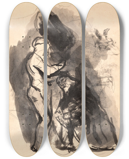 Triptych art skateboard deck of Oluf Hartmann Studie Til Ddalus Og Ikarus_1 by Oluf Hartmann (1879-1910)
