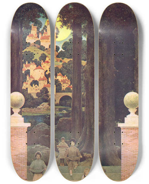 Triptych art skateboard deck of Maxfield Parrish The Sugarplum Tree by Maxfield Parrish (1870-1966)