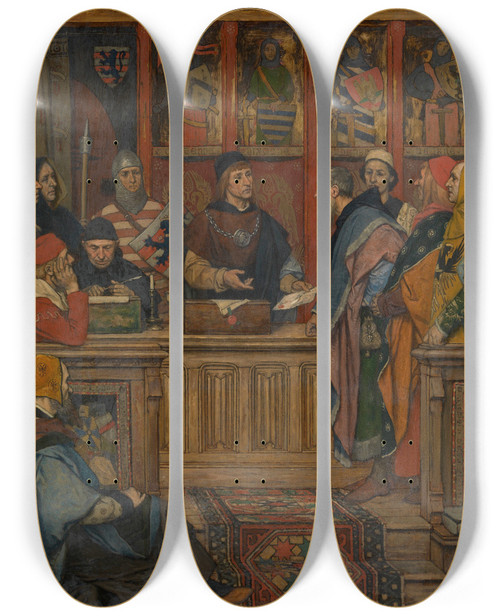 Triptych art skateboard deck of Albert Frans Lieven De Vriendt The Hanseatic League Receives Its Charter by Albert Frans Lieven De Vriendt (1843-1900)