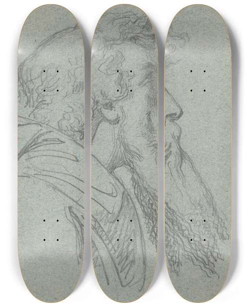 Triptych art skateboard deck of Alexandre Bida Bearded Man Looking Up Cloaked Figure With Raised Arms by Alexandre Bida (1823-1895)