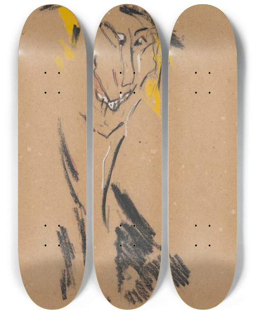 Triptych art skateboard deck of Jules Schmalzigaug Smile Under A Hat by Jules Schmalzigaug (1882-1917)