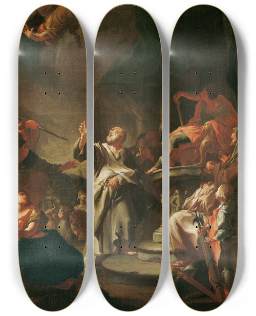 Triptych art skateboard deck of Paul Troger Der Sturz Des Magiers Simon by Paul Troger (1698-1762)
