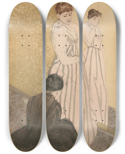 Triptych art skateboard deck of Mary Cassatt The Fitting_2 by Mary Cassatt (1844-1926)