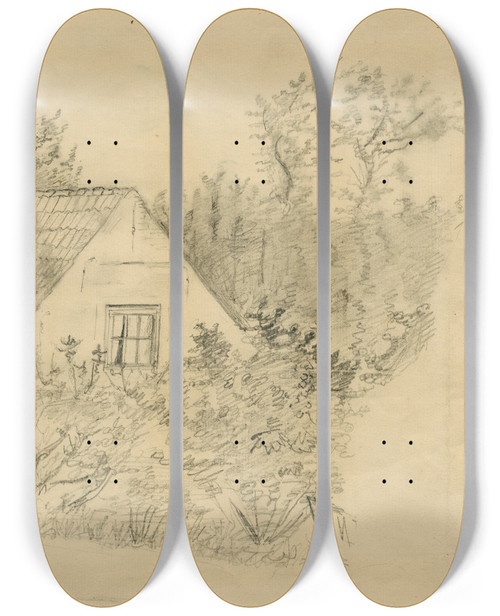 Triptych art skateboard deck of Floris Verster Cottage In The Woods by Floris Verster (1861-1927)
