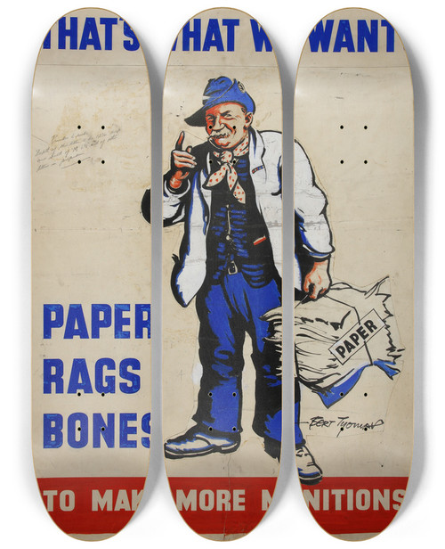 Triptych art skateboard deck of Bert Thomas More Salvage Thats What We Want Paper Rags Bones To Make More Munitions by Bert Thomas (1883-1966)