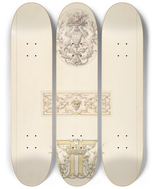 Triptych art skateboard deck of Julesedmondcharles Lachaise Two Designs For Decorative Panels And One Design For An Ornamental Monogram With A Crown And The Initials Ff by Jules-Edmond-Charles Lachaise (1897)