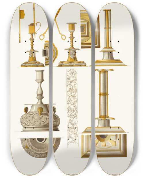 Triptych art skateboard deck of Fedor Grigoryevich Solntsev Shchiptsy Futliar Dlia Shchiptsov I Podsvechniki by Fedor Grigoryevich Solntsev (1801-1892)