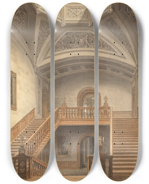 Triptych art skateboard deck of John Buckler View Of The Staircase At Longleat House Wiltshire The Seat Of The Marquis Of Bath by John Buckler (1770-1851)