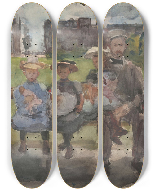 Triptych art skateboard deck of Isaac Israls A Man With Three Girls On A Bench In The Oosterpark In Amsterdam by Isaac Israels (1865-1934)