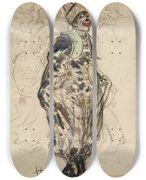 Triptych art skateboard deck of Frdric Houbron Clown Dans La Rue Un Jour De Mardigras by Frederic Houbron (1851-1908)