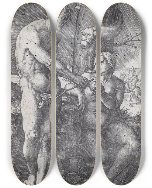Triptych art skateboard deck of Lucas Van Leyden The Fall Of Man_1 by Lucas Van Leyden (1494-1533)