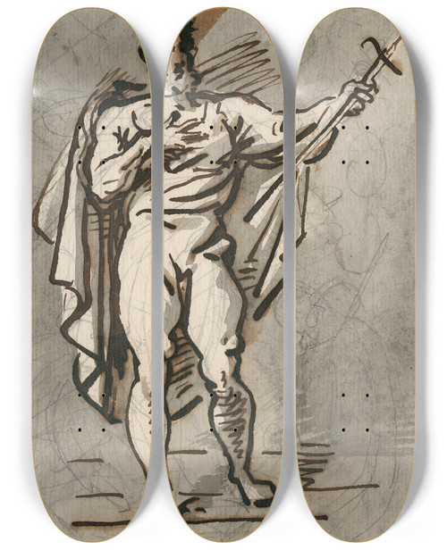Triptych art skateboard deck of David Humbert De Superville Sprekende Man Met Mantel En Zwaard by David Humbert De Superville (1770-1849)