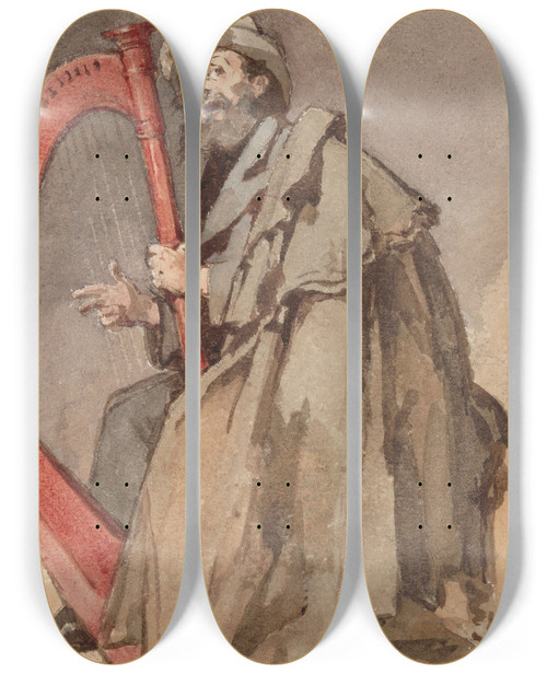 Triptych art skateboard deck of Alfred Cluysenaar Man With Harp by Alfred Cluysenaar (1837-1902)