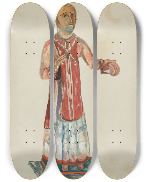 Triptych art skateboard deck of Conrado Barrio Old Bulto San Lorenzo by Conrado Barrio