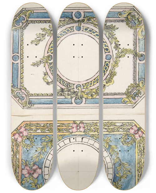 Triptych art skateboard deck of Pierre Moreau Two Separate Designs For The Top And Bottom Of A Rectangular Gold Enameled Box With Canted Corners by Pierre Moreau (1715-1798)