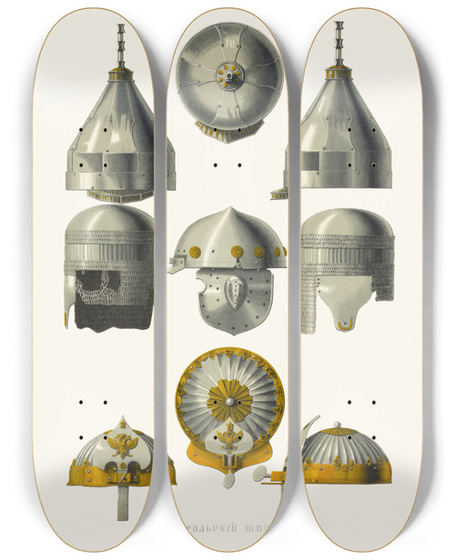 Triptych art skateboard deck of Fedor Grigoryevich Solntsev Mongolskii Shishak Prilbitsa I Misiurka by Fedor Grigoryevich Solntsev (1801-1892)