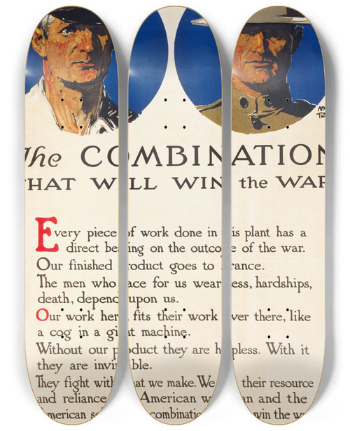 Triptych art skateboard deck of Adolph Treidler The Combination That Will Win The War by Adolph Treidler (1886-1981)